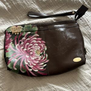 Vintage brown leather clutch with custom fabric appliqué. One of a kind!